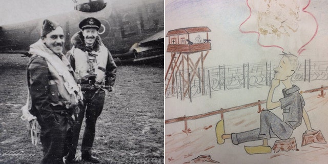 RAF Flt. Lt. Viv Phillips (left) and a fellow officer during World War II/a cartoon from Phillips' diary of life as a POW. (Hansons Auctioneers)