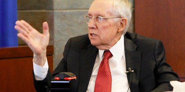 Former U.S. Sen. Harry Reid speaks from the witness stand, Thursday, March 28, 2019, in Las Vegas. Reid testified in his negligence lawsuit against the maker of an exercise device. (AP Photo/John Locher)