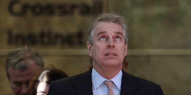 Prince Andrew, Duke of York leaves the headquarters of Crossrail at Canary Wharf on March 7, 2011, in London, England.