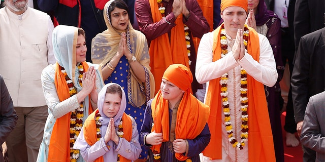 Canadian Prime Minister Justin Trudeau with his wife Sophie Gregoire, daughter Ella Grace and son Xavier, during their visit to the holy Sikh shrine of Golden temple in Amritsar, India, in 2018.