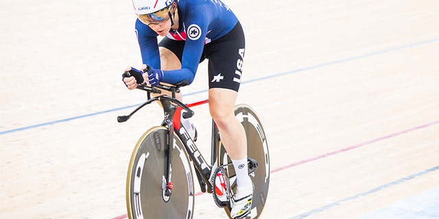 Kelly Catlin pictured here competing in the Women's Individual Pursuit Finals during 2017 UCI World Cycling in April 2017 in Hong Kong.