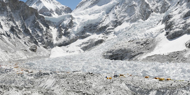 This photograph taken on April 26, 2018, shows the Khumbu glacier, one of the longest glaciers in the world and the Everest base camp.