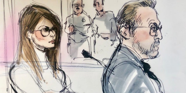 Lori Loughlin, left, appears in this court sketch at the U.S. federal courthouse in downtown Los Angeles, Calif. on March 13, 2019.