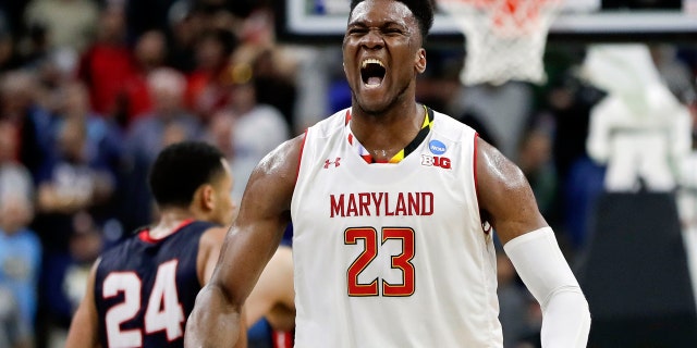 Maryland's Bruno Fernando celebrates in the last few moments of Thursday's fight against Belmont. (AP Photo / John Raoux)