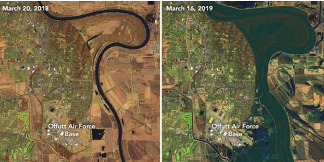 The above images, courtesy of NASA, show the extent of flooding on the Platte, Missouri, and Elkhorn Rivers, at right. The image at left shows the same area in March 2018.