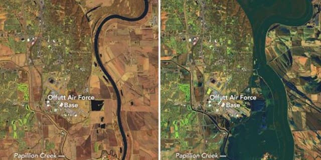 The above images, courtesy of NASA, show the extent of flooding on the Platte, Missouri, and Elkhorn Rivers, at right. The image at left shows the same area in March 2018.