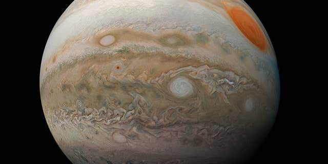 The image shows Jupiter's Great Red Spot and storms in the gas giant's southern hemisphere.