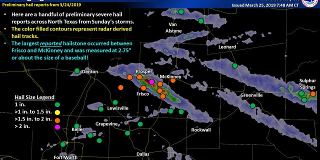 Hail reports from North Texas after severe thunderstorms rolled through the area on Sunday.
