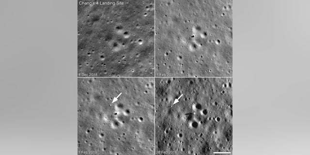 China’s Chang’e 4 rover, called Yutu 2, moved between Feb. 1 and Feb. 28, 2019. The upper left panel shows the landing site before Chang’e 4’s Jan. 2 touchdown; the upper right panel is the best-resolution photo of the lander and rover taken so far. The lower left image was taken six hours later. The most recent view, in the lower right, shows that Yutu 2 traversed 150 feet (46 meters) to the west during the month of February.
