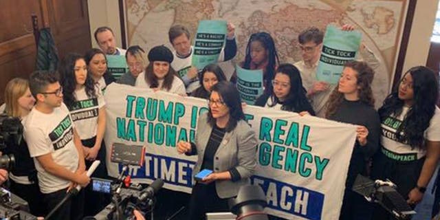 Rep. Rashida Tlaib joined protesters with CREDO Action and By the People, a new advocacy group pushing for the impeachment of President Trump. Together they urged members of Congress to begin impeachment proceedings. (Congresswoman Rashida Tlaib)