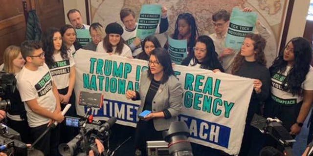 Rep. Rashida Tlaib joined protesters with CREDO Action and By the People, a new advocacy group pushing for the impeachment of President Trump. Together they urged members of Congress to begin impeachment proceedings. (Congresswoman Rashida Tlaib)