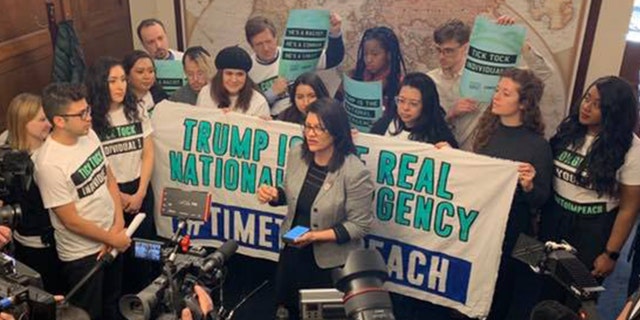 Rep. Rashida Tlaib joined protesters with CREDO Action and By the People, a new advocacy group pushing for the impeachment of President Trump. Together they urged members of Congress to begin impeachment proceedings.