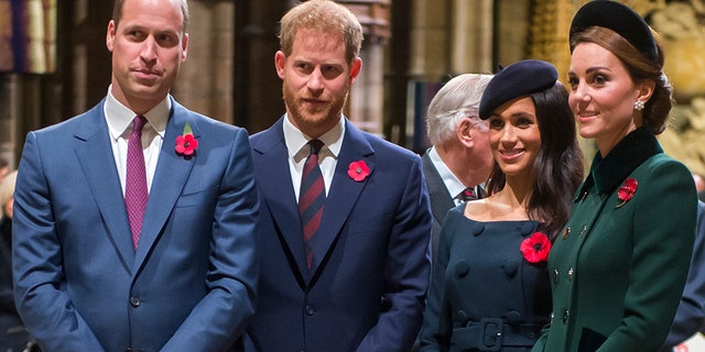 Prince William, Duke of Cambridge and Catherine, Duchess of Cambridge, Prince Harry, Duke of Sussex and Meghan, Duchess of Sussex attend a service marking the centenary of WW1 armistice at Westminster Abbey on Nov. 11, 2018, in London.