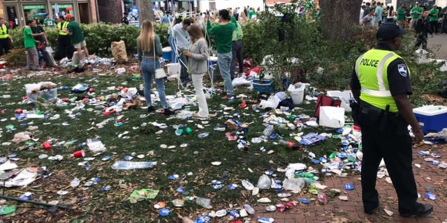 The aftermath of St. Patrick's Day celebrations in Savannah's Wright Square.