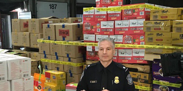 Close up of some of the shipping boxes containing illegal pork