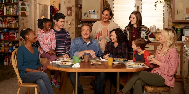 ABC's "The Conners" stars Maya Lynne Robinson as Geena Williams-Conner, Jayden Rey as Mary, Michael Fishman as D.J. Conner, John Goodman as Dan Conner, Laurie Metcalf as Jackie Harris, Sara Gilbert as Darlene Conner, Emma Kenney as Harris Conner, Ames McNamara as Mark, and Lecy Goranson as Becky Conner.