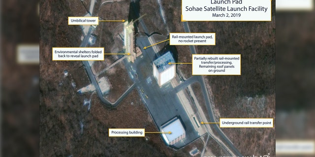 The Sohae Satellite Launching Station launch pad features what researchers of Beyond Parallel, a CSIS project, describe as showing the partially rebuilt rail-mounted rocket transfer structure in a commercial satellite image taken over Tongchang-ri, North Korea on March 2, 2019 and released March 5, 2019.