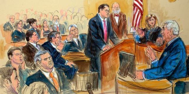 This sketch shows Judge Amy Berman Jackson presiding over the Roger Stone case this year. (The Associated Press)