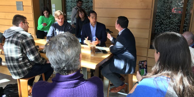 Julian Castro taking questions Monday from faculty and students at an event at the University of New Hampshire, in Durham.