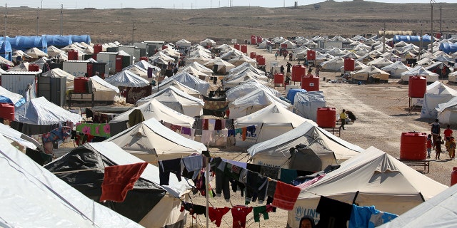 A picture taken in February 2017 shows a general view of the tents housing displaced Iraqi refugees who have recently fled from Mosul in a camp in al-Hol, located in northeastern Syria.