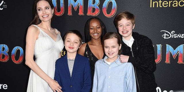 Angelina Jolie, Knox Leon Jolie-Pitt, Zahara Marley Jolie-Pitt, Vivienne Marcheline Jolie-Pitt, and Shiloh Nouvel Jolie-Pitt attend the premiere of Disney's "Dumbo" at El Capitan Theatre on March 11, 2019 in Los Angeles, California.
