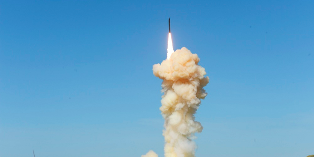 In this photo provided by the Missile Defense Agency, the lead ground-based Interceptor is launched from Vandenberg Air Force Base, Calif., in a "salvo" engagement test of an unarmed missile target Monday, March 25, 2019. In the first test of its kind, the Pentagon on Monday carried out the "salvo" intercept of an unarmed missile soaring over the Pacific, using two interceptor missiles launched from underground silos in southern California. (Missile Defense Agency via AP)