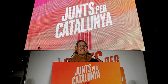 Elsa Atardi addresses the Junts Per Catalunya's campaign closing rally ahead of regional elections in Barceliona, Spain, December 19, 2017.