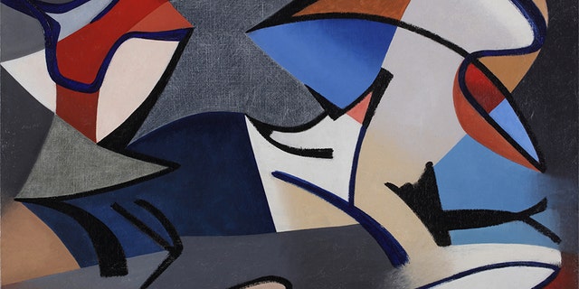 Montaur's 1951 "Composition Beach" painting. The Museum says "Colleville Beach was Montlaur’s inspiration" for this work, and "in 1944, the beach at the village of Colleville-sur-Mer was code-named Omaha and was the scene of some of the heaviest fighting on D-Day."