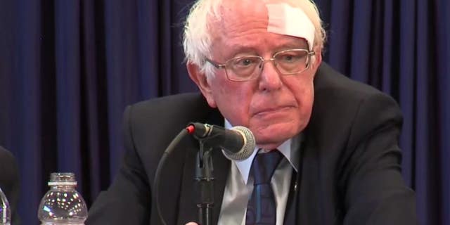 Sen. Bernie Sanders seen with a bandage while at a roundtable event in South Carolina on Friday, March 15, 2019.