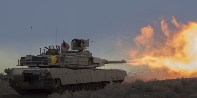 M1A2 Abrams Tanks from A Company, 2-116th Cavalry Brigade Combat Team (CBCT), Idaho Army National Guard run through field exercises on Orchard Combat Training Center.