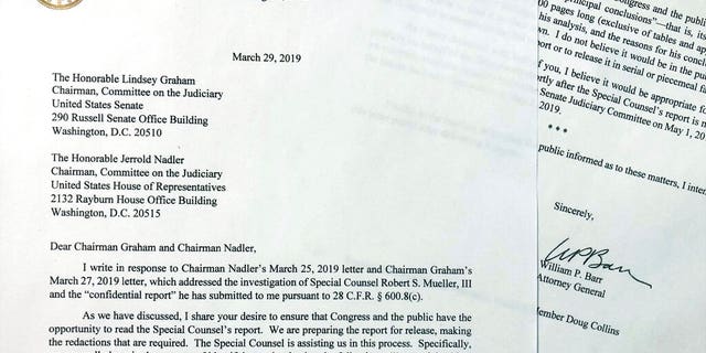 The letter that Attorney General William Barr sent to Congress on Friday, March 29, 2019, is photographed in Washington. Barr told Congress to expect a version of special counsel's Russia report by mid-April. (AP Photo/Wayne Partlow)