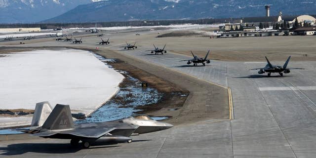 A close formation taxi, known as an Elephant Walk, participating as part of Polar Force on Joint Base Elmendorf-Richardson in Alaska.