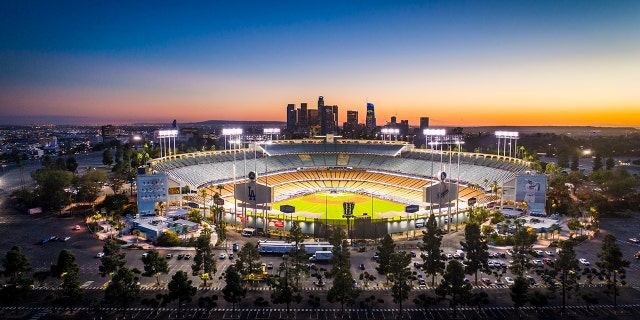 Dodger Stadium on the eve of the 2017 Major League Baseball World Series.
