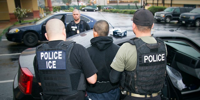 ICE agents detain an individual.