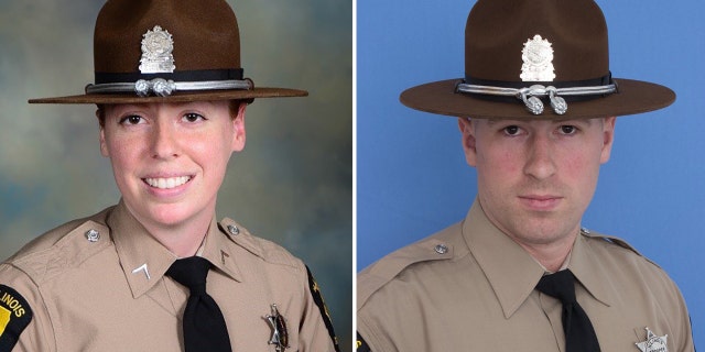 Trooper Brooke Jones-Story, 34, left, was killed Thursday in the 15th crash into a stopped squad car on the Illinois interstate this year. Trooper Christopher Lambert, 34, right, was killed in January when he was struck outside his vehicle while responding to a three-car crash.