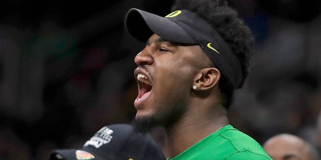 Golden State Warriors forward Jordan Bell yells during the second half of a first-round game in the NCAA men’s college basketball tournament between Wisconsin and Oregon Friday, March 22, 2019, in San Jose, Calif. (AP Photo/Ben Margot)