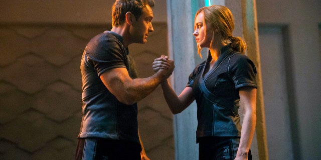 Jude Law and Brie Larson in "Captain Marvel"