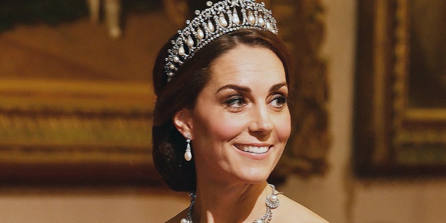 Kate Middleton at a state banquet in honor of King Willem-Alexander and Queen Maxima of the Netherlands in October 2018.