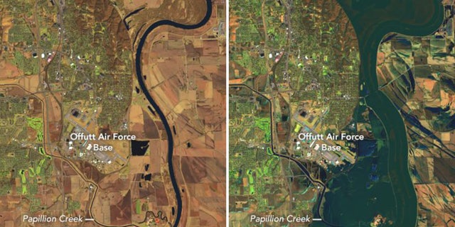 A before and after comparison to show the scope of the flooding in Nebraska.