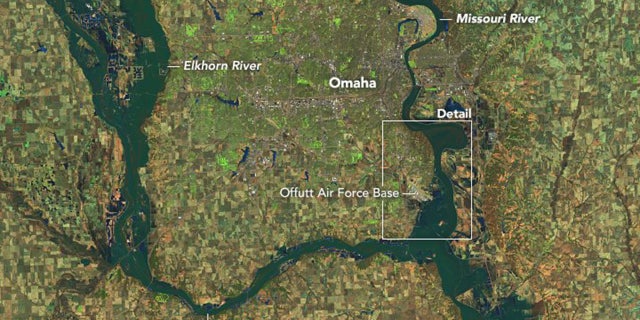 The flooding in Nebraska can be seen in this satellite photo from March 16.