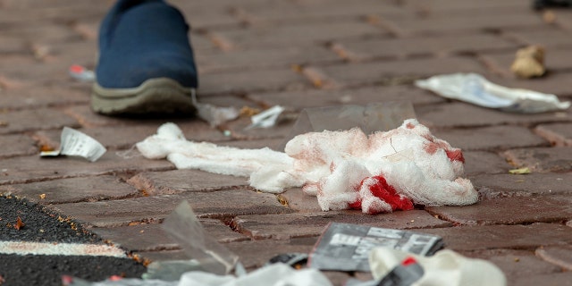Bloodied bandages on the road following a shooting at the Al Noor mosque in Christchurch, New Zealand, March 15, 2019. REUTERS/SNPA/Martin Hunter
