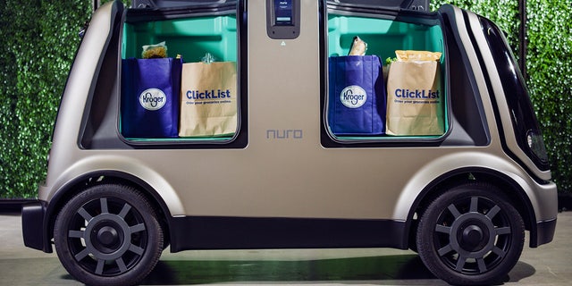 Close-up of the autonomous vehicle of Nuro