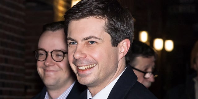 32nd Mayor of South Bend, Indiana and 2020 Democratic Presidential candidate Pete Buttigieg (R) and husband Chasten Glezman are seen arriving at 'The Late Show With Stephen Colbert' at the Ed Sullivan Theater on February 14, 2019 in New York City.