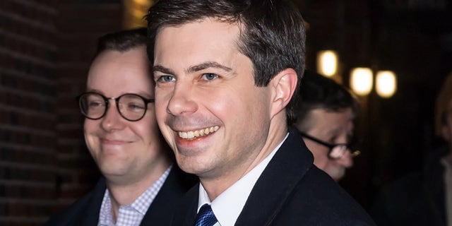 32nd Mayor of South Bend, Indiana and 2020 Democratic Presidential candidate Pete Buttigieg (R) and husband Chasten Glezman are seen arriving at 'The Late Show With Stephen Colbert' at the Ed Sullivan Theater on February 14, 2019 in New York City.