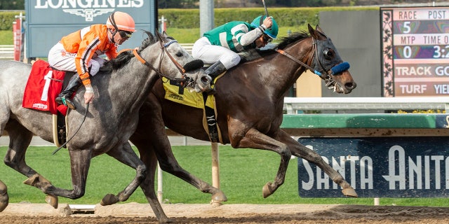 Hronis Racing's Edwards Going Left and jockey Joel Rosario, right, outleg King Abner (Tyler Baze), left, to win the $100,000 Tiznow Stakes, Sunday, March 3, 2019 at Santa Anita Park in Arcadia, Calif. (Benoit Photo via AP)