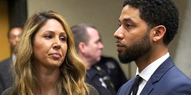 Actor Jussie Smollet appears with his attorney Tina Glandian, left, at a hearing for a judge assignment at Leighton Criminal Court in Chicago, Thursday, March 14, 2019.