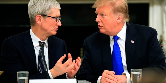 President Donald Trump meets with Apple Inc. CEO Tim Cook at the first meeting of the Advisory Committee on US Labor Market Policy in the House Dining Room Blanche in Washington, Wednesday, March 6, 2019. (AP Photo / Manuel Balce Ceneta)