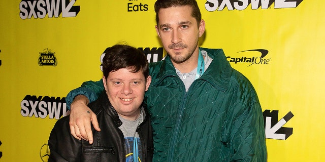 Actors Shia LaBeouf (R) and Zack Gottsagen (L) attend the premiere of