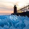 Shards of ice pile up on Lake Michigan along the South Haven Pier in South Haven, Michigan, March 19, 2019. 