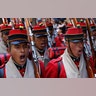 Bolivia's "Batallon Colorados," sing the national anthem during an event honoring national hero Eduardo Abaroa, who died in the 1879-1883 War of the Pacific, as part of Sea Day celebrations in La Paz, Bolivia, March 23, 2019. 